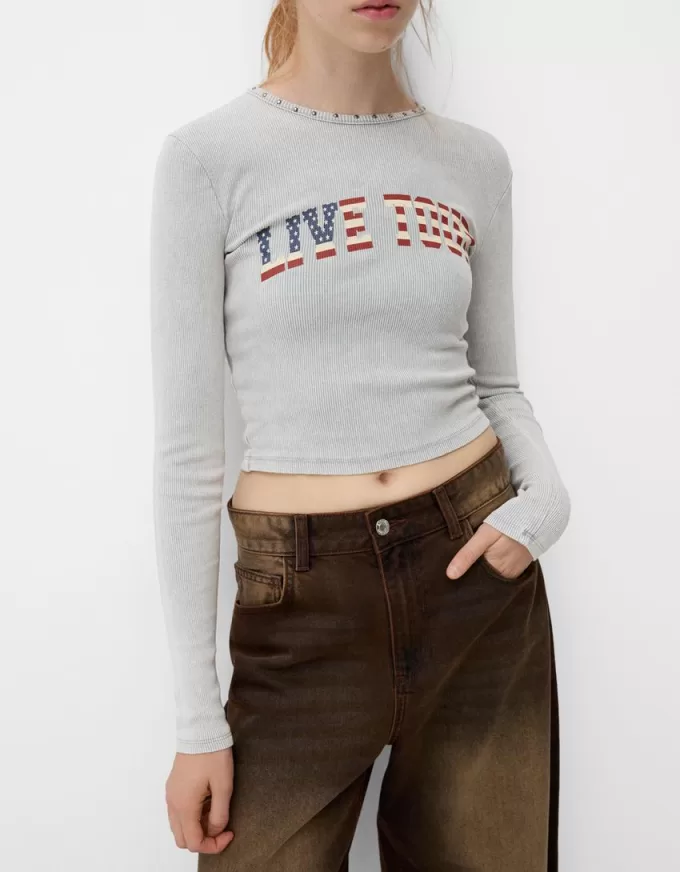 Long sleeve ribbed printed T-shirt with studs Long sleeve ribbed printed T-shirt with studs