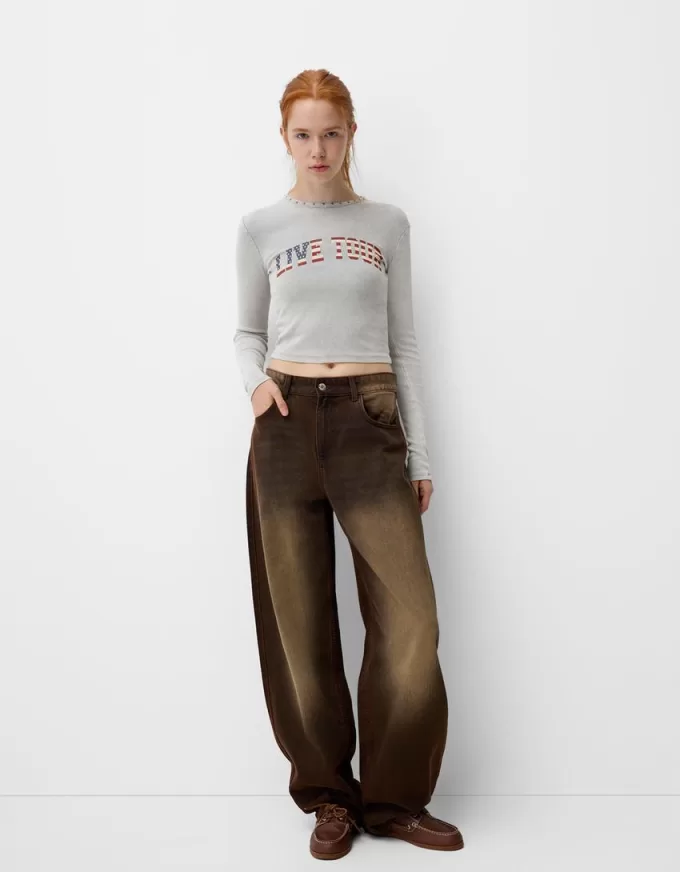 Long sleeve ribbed printed T-shirt with studs Long sleeve ribbed printed T-shirt with studs