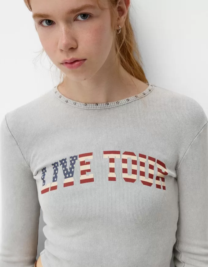 Long sleeve ribbed printed T-shirt with studs Long sleeve ribbed printed T-shirt with studs