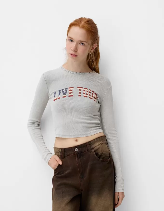 Long sleeve ribbed printed T-shirt with studs Long sleeve ribbed printed T-shirt with studs