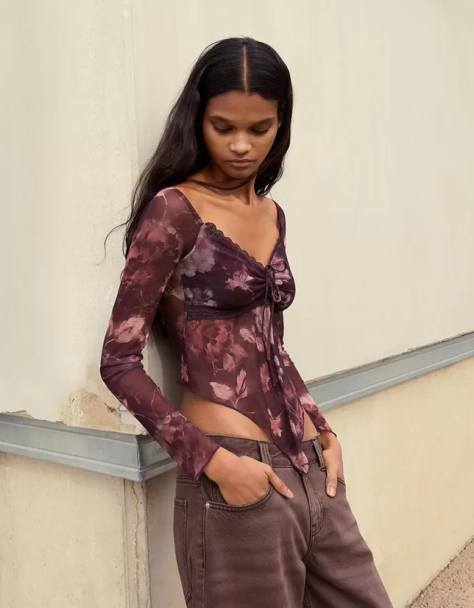 Long sleeve tulle printed T-shirt Long sleeve tulle printed T-shirt