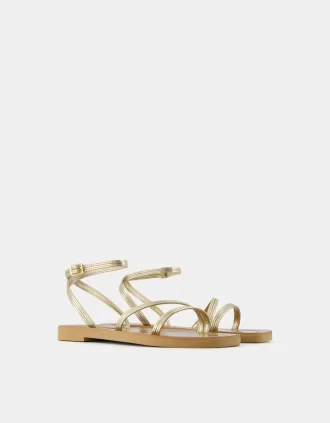 Metallic strap flat slider sandals