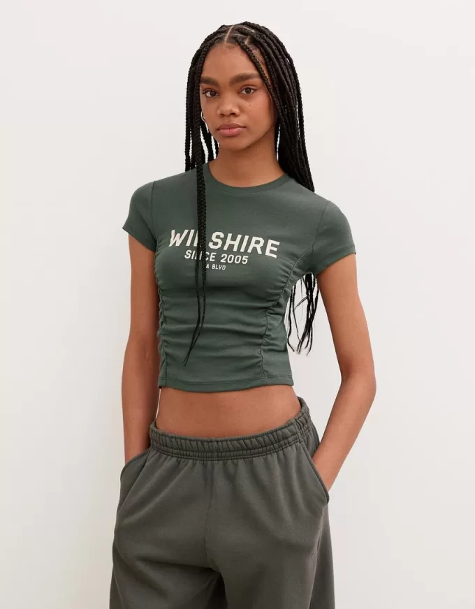 Printed short sleeve T-shirt with gathering Printed short sleeve T-shirt with gathering