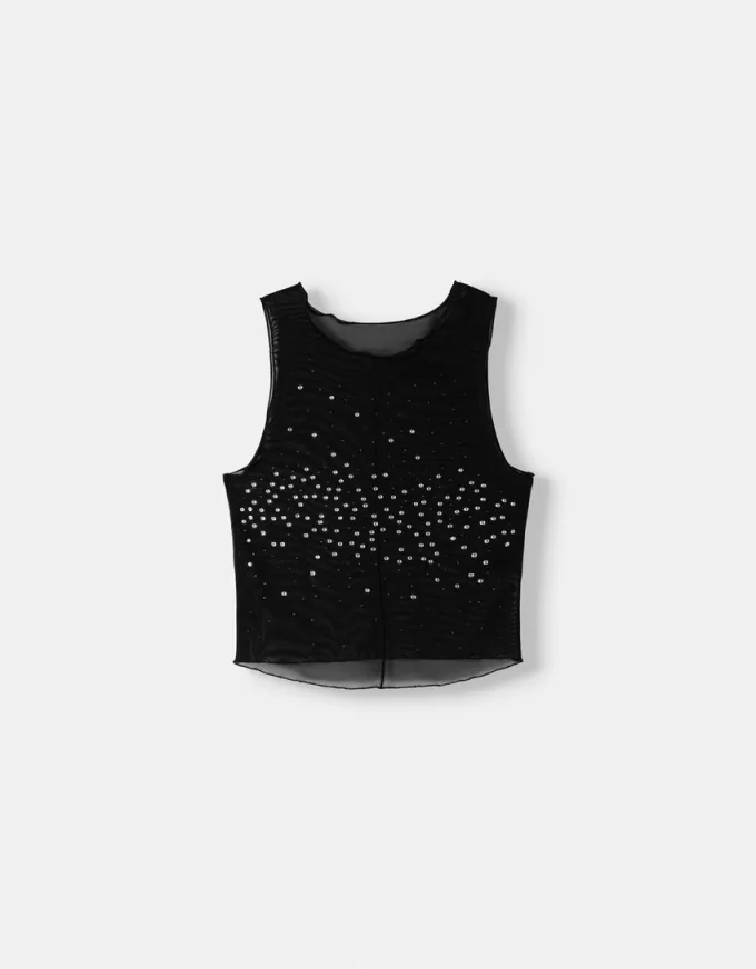 Sleeveless rhinestone tulle T-shirt Sleeveless rhinestone tulle T-shirt