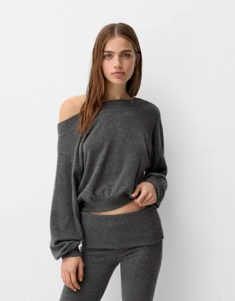 Soft touch asymmetric neck sweater
