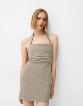 Twill halterneck mini dress