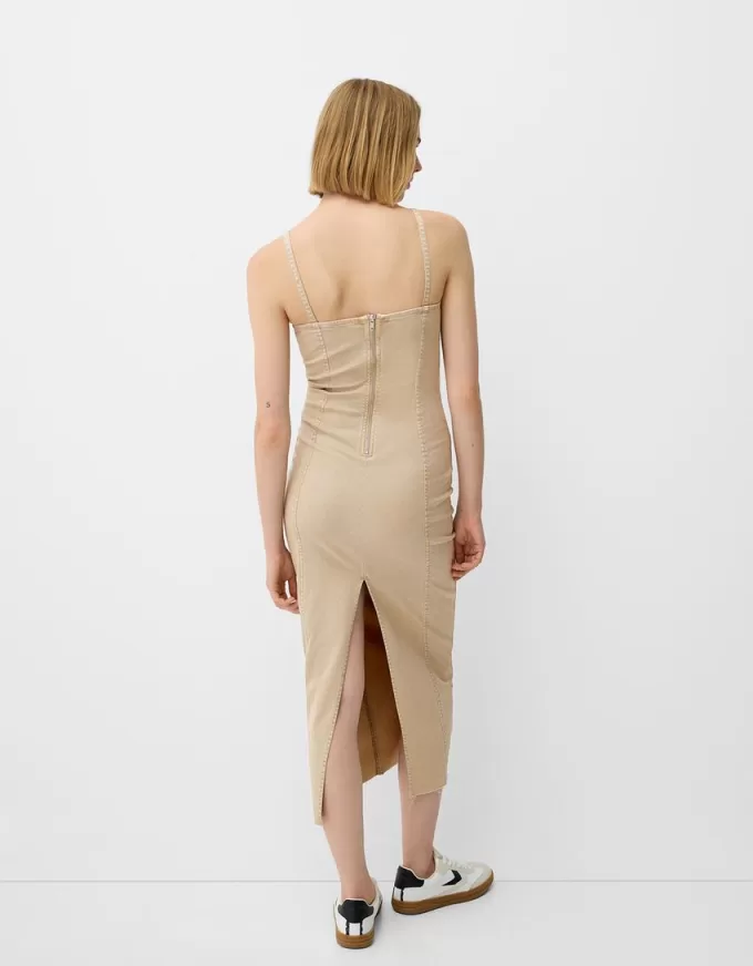 Twill midi dress with straps and seam details Twill midi dress with straps and seam details