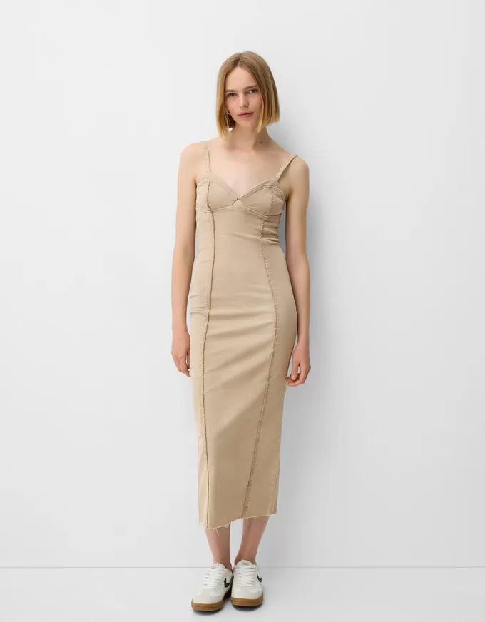 Twill midi dress with straps and seam details Twill midi dress with straps and seam details