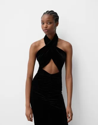 Velvet halter neck midi dress