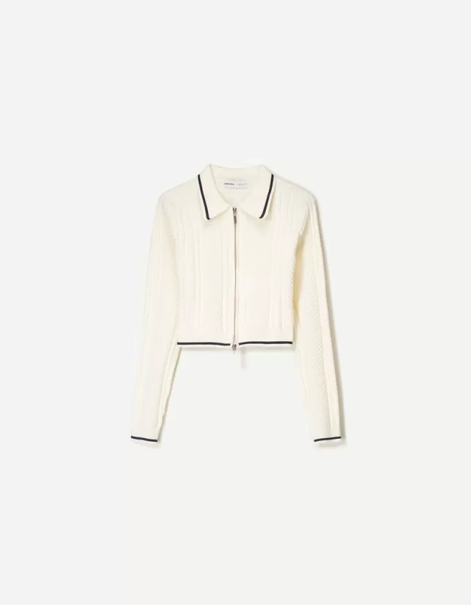 Zip-up jacket with cable-knit polo collar Zip-up jacket with cable-knit polo collar