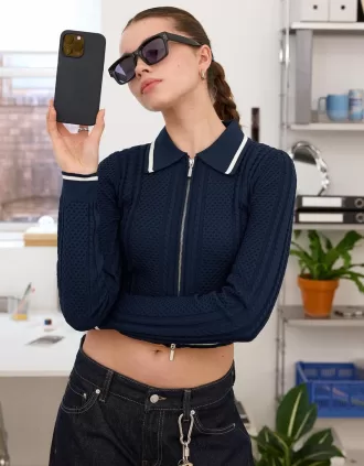 Zip-up jacket with cable-knit polo collar